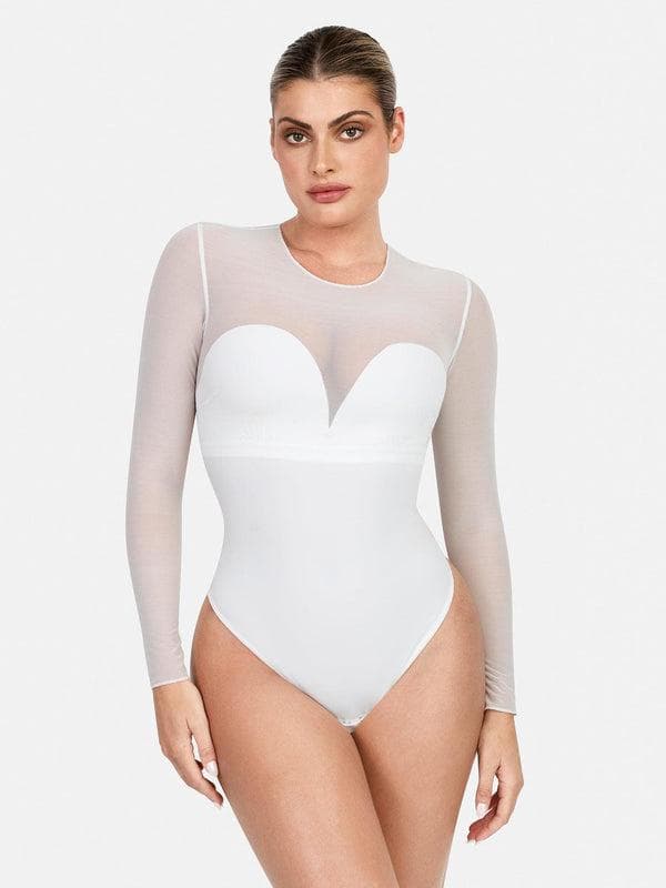 Shapewear Mock Neck Long Sleeve Floral Lace Bodysuit