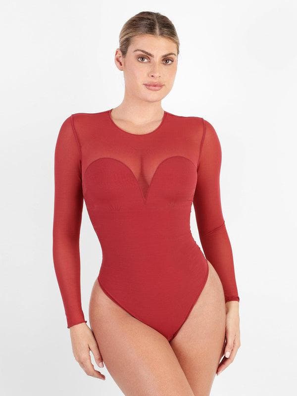 Shapewear Mock Neck Long Sleeve Floral Lace Bodysuit