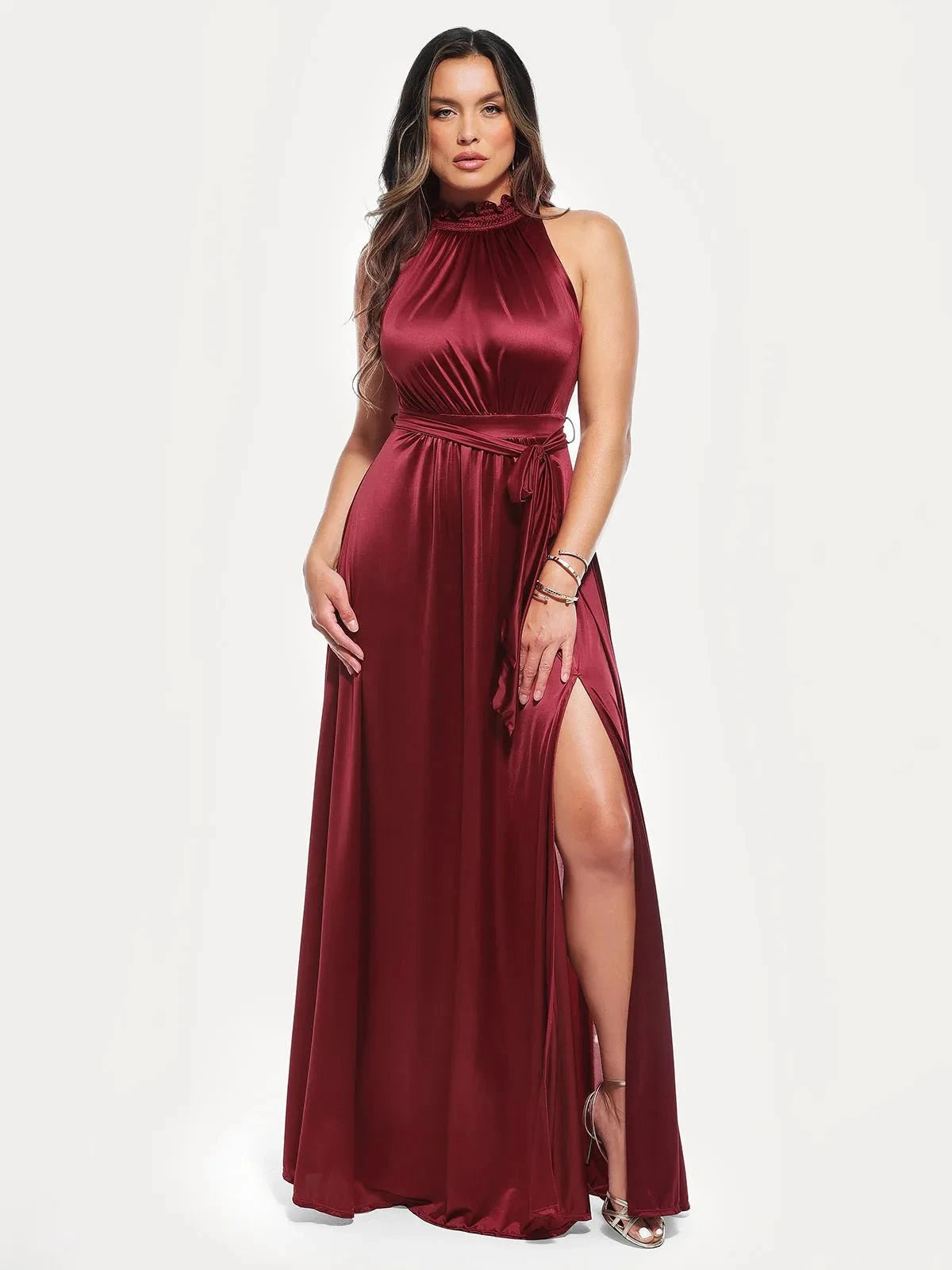 Draped High Neck Sculpting Floral-Print Maxi Dress