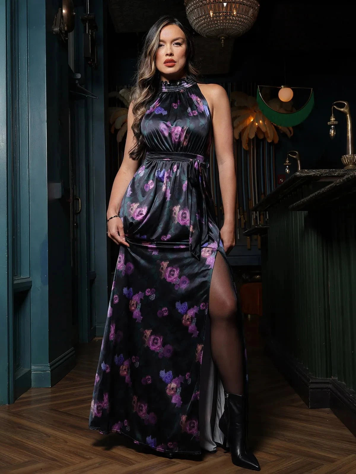 Draped High Neck Sculpting Floral-Print Maxi Dress