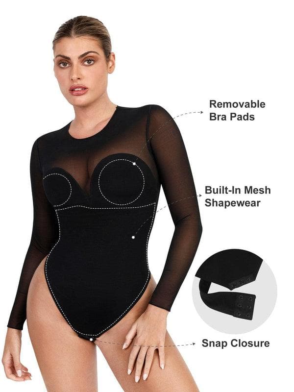 Shapewear Mock Neck Long Sleeve Floral Lace Bodysuit
