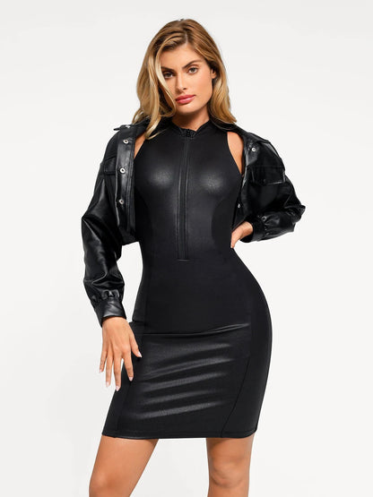 Shapewear Sculpting Faux Leather Zip Front Midi Dress