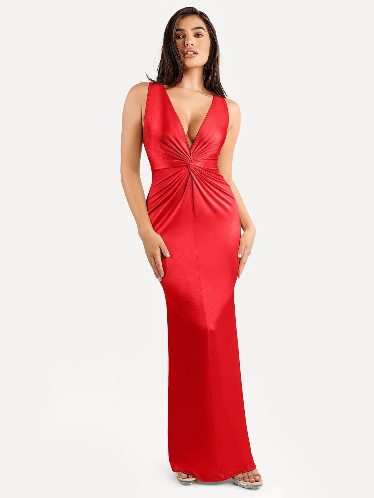 Shapewear Shine Deep V-Neck Bias Twist Hourglass Maxi Dress