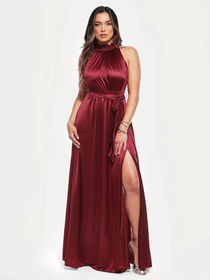 Draped High Neck Sculpting Floral-Print Maxi Dress