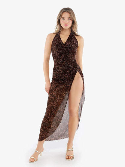 Shapewear Leopard Cowl Neck Halter Tummy Control Bodysuit