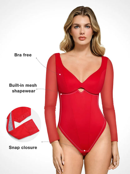 Shapewear Mesh Sleeve Cutout Sweetheart Sculpting Bodysuit