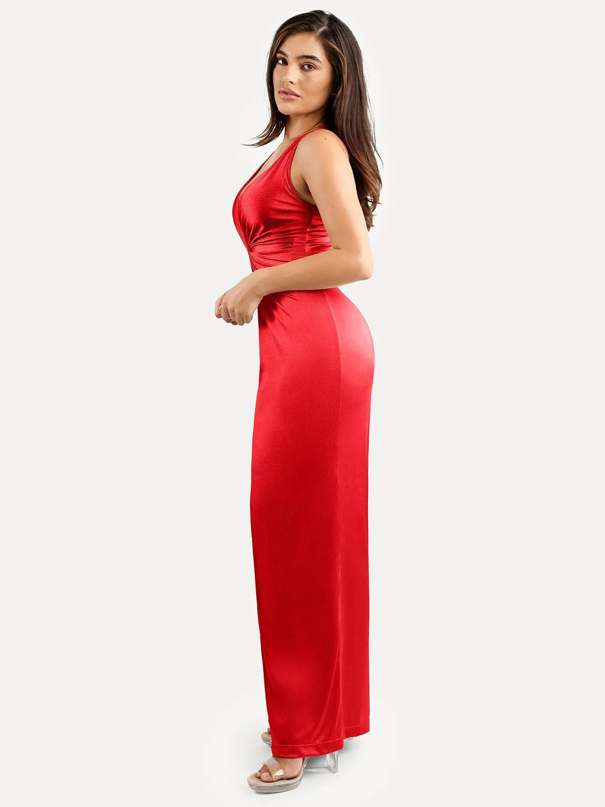 Shapewear Shine Deep V-Neck Bias Twist Hourglass Maxi Dress